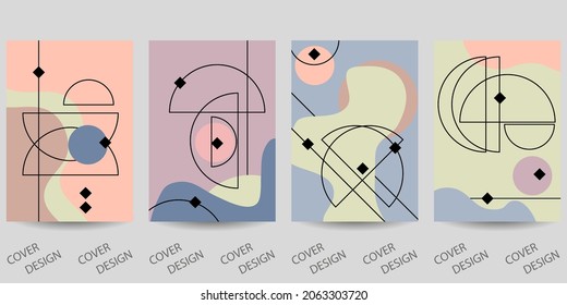 Set of minimalistic geometric backgrounds for wall decor, posters, book covers, social media design. Modern abstract art templates with geometric shapes in natural shades.