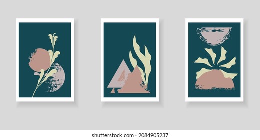 Conjunto de fondos geométricos minimalistas para decoración de paredes, afiches, portadas de libros, diseño de medios sociales. Modernas plantillas de arte abstracto con formas geométricas en tonos naturales.