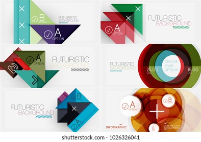 Set of minimalistic geometric banners with triangles and circles and other shapes. Web design or business slogan presentation templates. Vector illustration
