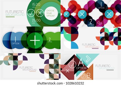 Conjunto de banderas geométricas minimalistas con triángulos y círculos y otras formas. Plantillas de diseño web o presentación de eslóganes empresariales. Ilustración del vector
