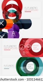 Conjunto de banderas geométricas minimalistas con triángulos y círculos y otras formas. Plantillas de diseño web o presentación de eslóganes empresariales. Ilustración del vector