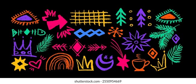 Set of minimalistic geometric Christmas elements in flat and linear style. Abstract Xmas decoration. Merry Christmas and Happy New year  cards with  stars, christmas tree, crown, heart, moon, grid