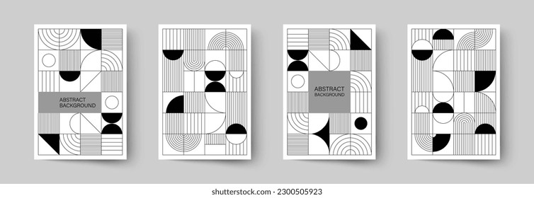 Conjunto de afiches geométricos minimalistas. Patrones geométricos abstractos modernos al estilo escandinavo. Diseño de portadas de moda. Aplicable a folletos, revistas, carteles, tarjetas de visita, portadas y banners.