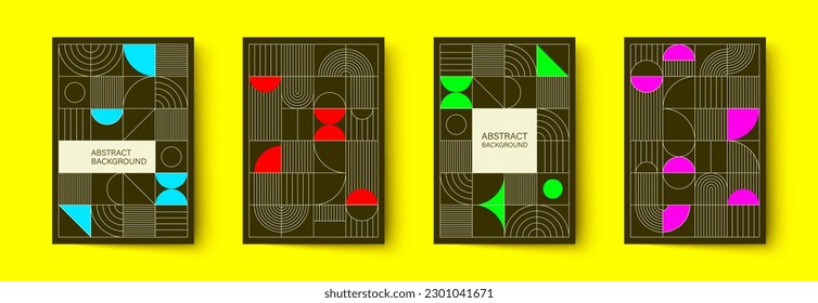 Set of minimalistic geometric posters. Modern abstract geometric patterns in Scandinavian style. Trendy covers design. Applicable for brochures, magazines, posters, business cards, covers and banners.