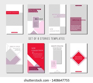 Set of minimalistic geometric stories. Vector editable templates with place for your photos