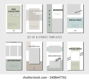 Set of minimalistic geometric stories. Vector editable templates with place for your photos