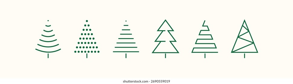 Conjunto de elementos minimalistas de línea de árbol de navidad verde, patrón de invierno geométrico abstracto, iconos de trazo editable, árbol para el año nuevo, tarjetas de diseño de Navidades, cartel, Vector de Anuncio Navidad