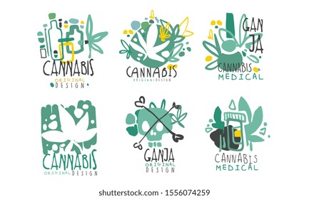 Set of minimalistic green logos on the topic of cannabis. Vector illustration.