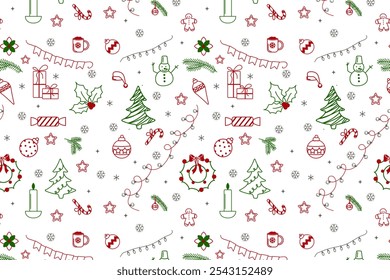Set of minimalistic green and red Christmas elements in doodle style on white background. Seamless holiday background of hand drawn Christmas elements. Abstract winter holiday background