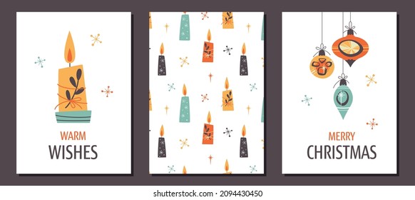 Set of Minimalistic greeting cards with candle, surface pattern and Christmas decorations in Vintage design style. Mid Century Modern Vector Illustrations. Seasons greeting
