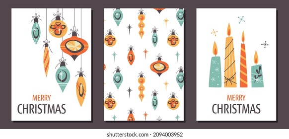 Set of Minimalistic greeting cards with candles, surface pattern and Christmas decorations in Vintage design style. Mid Century Modern Vector Illustrations. Seasons greeting