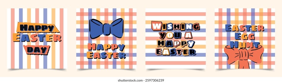 Set of minimalistic greeting cards in doodle style. Square Easter posters with inscriptions. Vector template for banner, post, advertisement