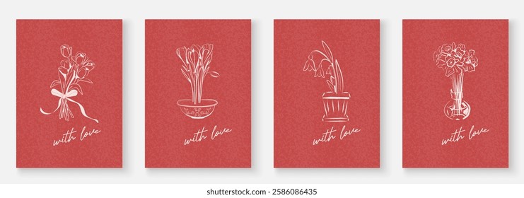 A set of minimalistic greeting flower cards, hand drawn in white chalk. Tulips, crocuses, lilies of the valley, daffodils. For spring holidays, Mother's Day, women's Day. Vector illustration.