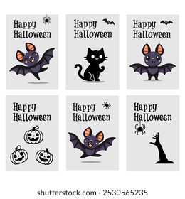 a set of minimalistic Halloween greeting cards. Postcards with spiders, bats, a black cat, pumpkins, a hand from the ground