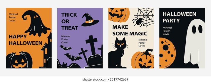 A set of minimalistic Halloween posters. Flat style party invitations with pumpkin, ghost, ghost, hat. Vector banner, template for advertising, postcards.