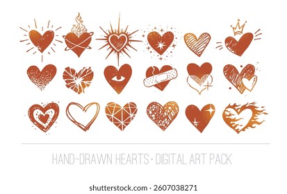Set of minimalistic hand-drawn red vector hearts in various creative doodle styles and decorative designs on white background.