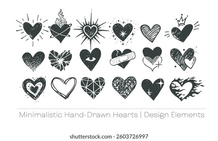 Set of minimalistic hand-drawn vector hearts in various creative doodle styles and decorative designs on white background.
