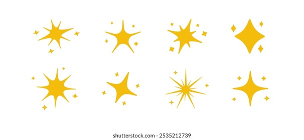 Set of minimalistic icon of gold starts. Space minimalistic icons outline. Yellow sparkles icons.