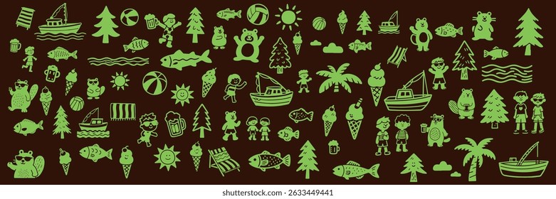 Conjunto de ícones minimalistas sobre o tema das férias do lago - bola, sol, árvores, barcos, crianças, castores, ursos, sorvete, cadeira de praia, peixe, cerveja, rio
