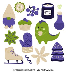 A set of minimalistic images associated with Christmas and winter season in beige, green and purple tones, including a gnome, a dragon, a Christmas tree, skates and a mitten.