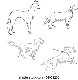 Set of minimalistic ink sketches of dogs in motion