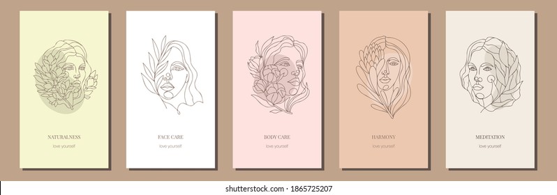 A Set Of Minimalistic Instagram Stories. Modern Style, Nude Colors And Trendy Line Art Style. Vector Portraits Of Women With Flowers. Beauty Brand Decoration, Massage, Meditation, Body Care.