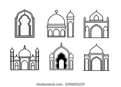 A set of minimalistic Islamic architecture line art icons featuring mosques, domes, and archways in vector style.