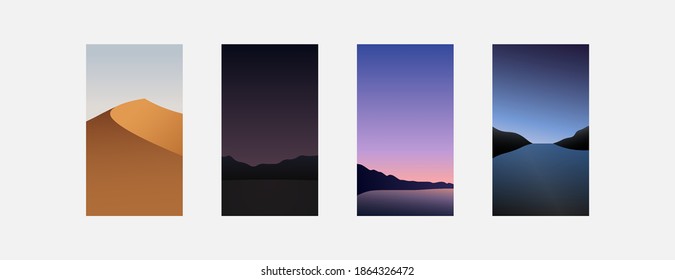 Set of minimalistic landscapes backgrounds. Vector illustration. Desert. Night field. Coast. Sea at night.