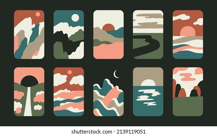 Set with minimalistic landscapes. Compositions with simple shapes and abstract lines. Traveling and nature. Vector illustration in trendy colors.