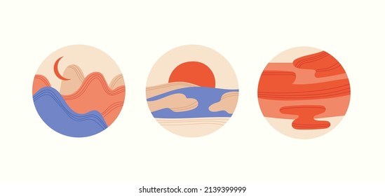 Set with minimalistic landscapes. Round compositions with simple shapes and abstract lines. Traveling and nature. Social media covers, highlights, icons, stickers. Vector illustration in trendy colors