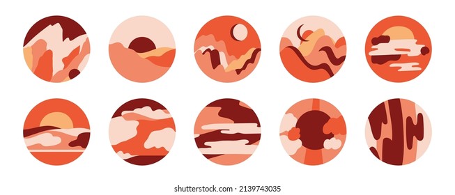 Set with minimalistic landscapes. Round compositions with simple shapes and abstract lines. Traveling and nature. Social media covers, highlights, icons, stickers. Vector illustration in trendy colors