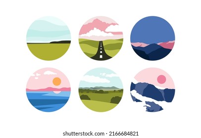 Set with minimalistic landscapes. Round compositions with simple shapes and abstract lines. Traveling and nature. Social media covers, highlights, icons, stickers. Vector illustration in trendy colors