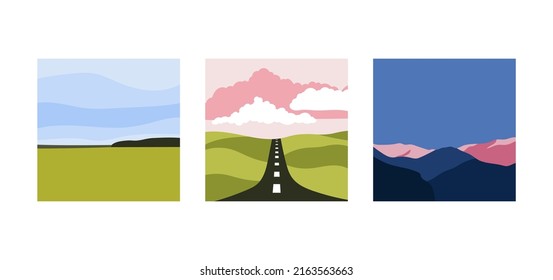 Set with minimalistic landscapes. Traveling and nature concept. Posters, social media covers etc.  Isolated vector illustrations in trendy colors.