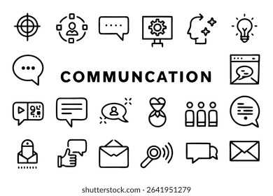 Set of minimalistic line art icons and symbols representing the concept of communication and social interaction.