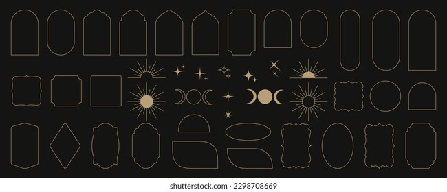 Set of minimalistic linear arch frames in trendy modern minimalist Y2k aesthetic style. Abstract vector design outline elements - sun, moon, star, sparkle, geometric form for banner, social media