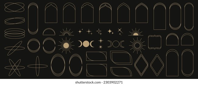 Conjunto de marcos de arco lineal minimalista en estilo estético moderno y minimalista de moda. Resumen de elementos de esquema de diseño vectorial - sol, luna, estrella, brillo, forma geométrica para banner, medios sociales