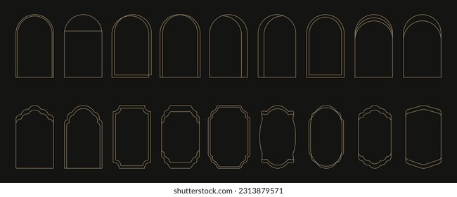 Set of minimalistic linear arch frames in trendy modern minimalist Y2k aesthetic style. Abstract vector design outline elements - arc, geometric form for banner, social media, poster.