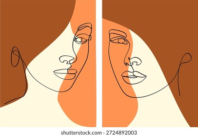 Conjunto de ilustraciones lineales minimalistas de la cara de una mujer en un estilo abstracto moderno. Elegante retrato de una línea con contornos claros, perfecto para la moda, la belleza, la marca y el diseño moderno. Dibujado a mano sin inteligencia artificial