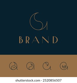 Un conjunto de Plantillas de logotipo minimalista. Letra dorada minúscula "a" con un folleto.