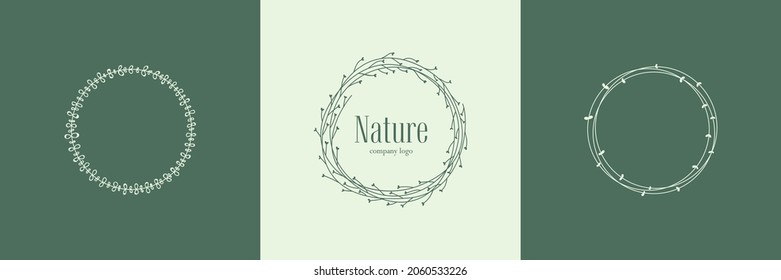 A set of minimalistic logos in a circle photo. Picking up a company in the center. Linear style. Delicate, sophisticated wreaths of plants, flowers, branches and leaves. Logo for womens business