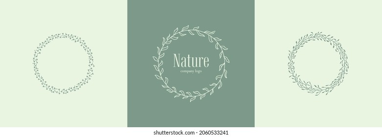 A set of minimalistic logos in a circle photo. Picking up a company in the center. Linear style. Delicate, sophisticated wreaths of plants, flowers, branches and leaves. Logo for womens business