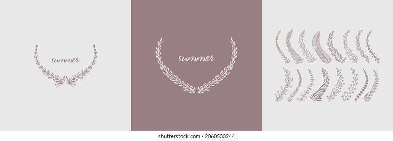 A Set Of Minimalistic Logos In A Circle Photo. Picking Up A Company In The Center. Linear Style. Delicate, Sophisticated Wreaths Of Plants, Flowers, Branches And Leaves. Logo For Womens Business