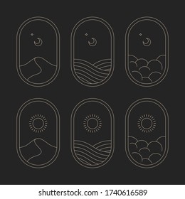 Set Of Minimalistic Logos. Moon, Sun, Day, Night, Sky, Dune, Water, Clouds.