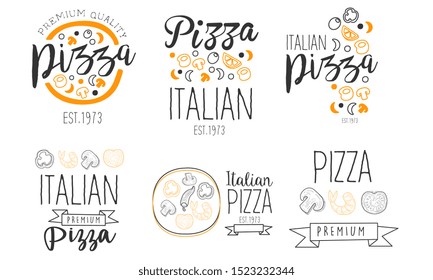 Set of minimalistic logos for pizzeria. Vector illustration.