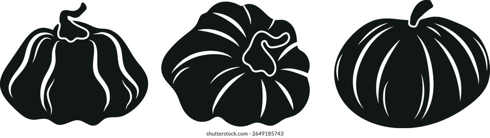 set of minimalistic logos of round pumpkins with tails and white lines on them, for autumn themed designs
