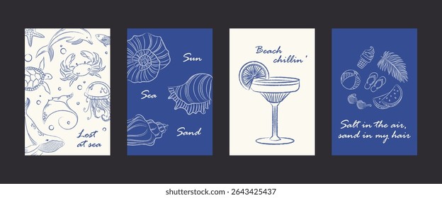 Set of minimalistic marine posters with positive captions. Postcards, interior posters with sea animals, shells, beach elements. Vector print templates