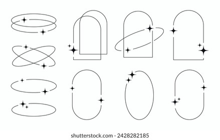 set of minimalistic modern y2k line frames with stars shapes. collection of sparkling y2k vector frame geometric elements circle, square, rectangle. Trendy vector design