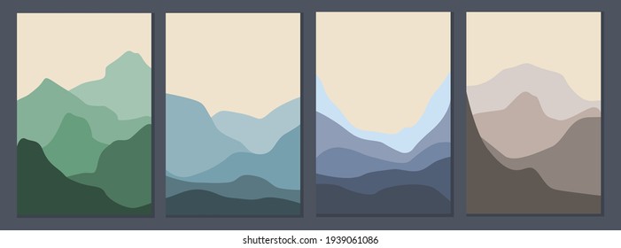 A set of minimalistic monochrome landscapes. Abstract mountains for a stylish background. Poster in trendy colors. Concept of travel, vacation and tourism. Beautiful nature. Vector