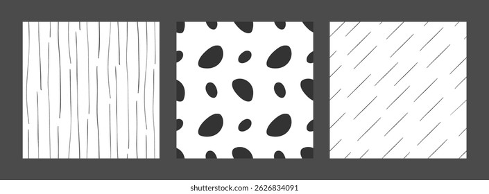Set of minimalistic monochrome seamless patterns on a white background. Design template of unique ornaments for printing on fabric, textiles and wrapping paper, for wallpaper and backdrops.
