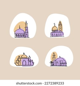 Set of minimalistic mosque icon. Hand drawn Arabic architecture Arabic architecture for greeting card